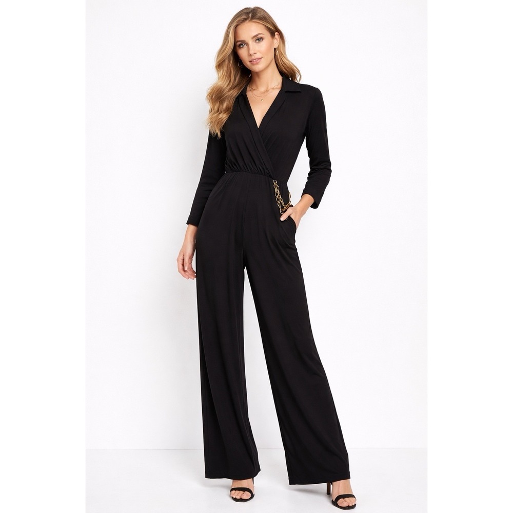 Black Jumpsuit Womens XLP  Surplice Wide Leg Faux Wrap Stretch Bling Career